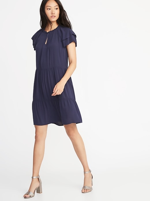 View large product image 1 of 2. High-Neck Ruffle-Trim Swing Dress for Women