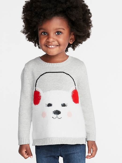 View large product image 1 of 1. Split-Hem Crew-Neck Critter Sweater for Toddler Girls