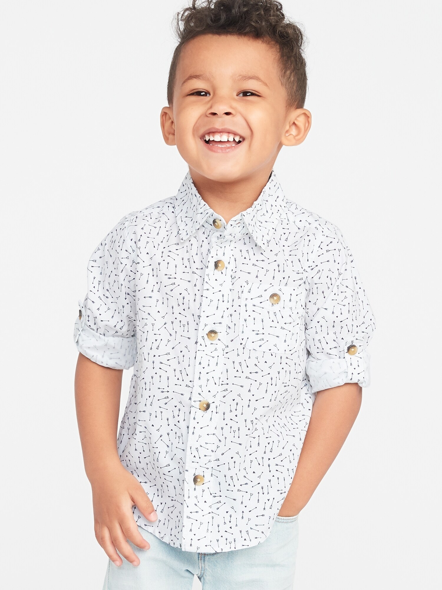 Built-In Flex Roll-Sleeve Arrow-Print Pocket Shirt for Toddler Boys ...