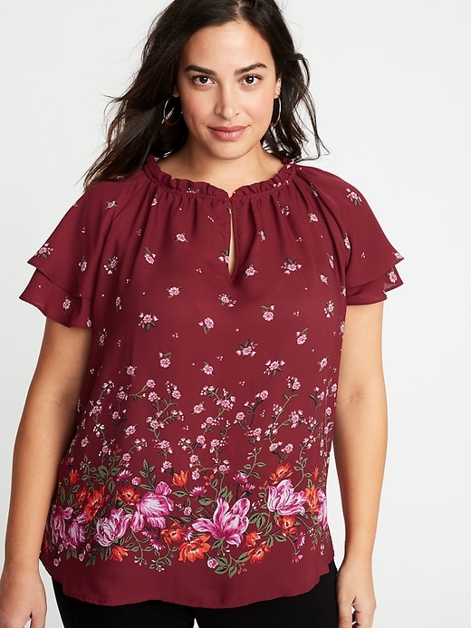 Image number 1 showing, Plus-Size High-Neck Ruffle-Trim Georgette Top