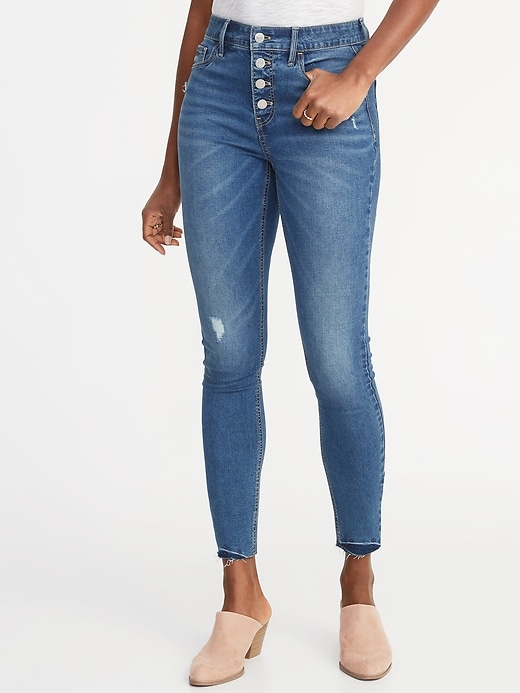View large product image 1 of 3. High-Waisted Button-Fly Rockstar Super Skinny Ankle Jeans For Women
