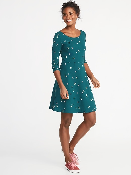 View large product image 1 of 2. Printed 3/4-Sleeve Fit & Flare Dress for Women