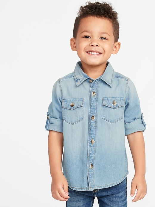 View large product image 1 of 4. Roll-Sleeve Denim Shirt for Toddler Boys