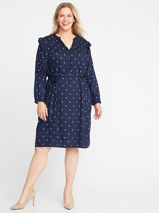 Printed Ruffle-Shoulder Tie-Belt Plus-Size No-Peek Shirt Dress | Old Navy