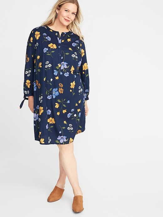 View large product image 1 of 1. Twill Tie-Cuff Plus-Size Shirt Dress