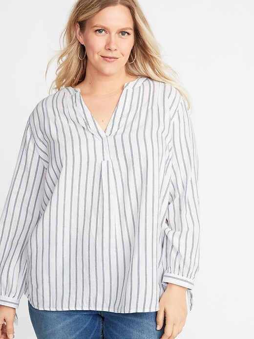 Striped Twill Tie-Cuff Plus-Size Blouse | Old Navy