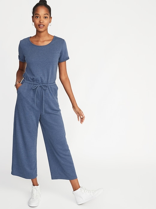 Image number 1 showing, Waist-Defined Wide-Leg French-Terry Jumpsuit for Women