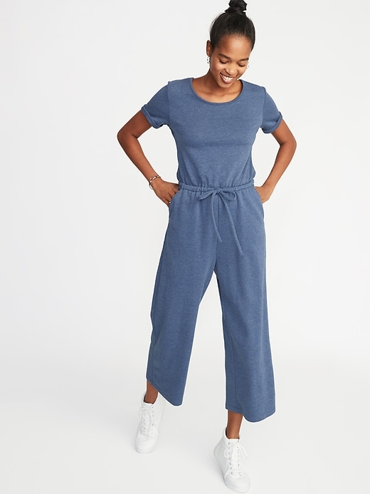 Image number 4 showing, Waist-Defined Wide-Leg French-Terry Jumpsuit for Women