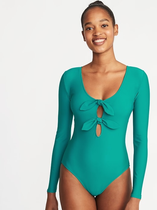 View large product image 1 of 1. Tie-Front Long-Sleeve Swimsuit for Women
