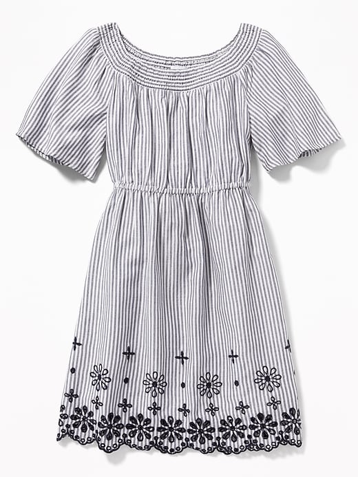 View large product image 1 of 3. Striped Waist-Defined Eyelet-Hem Dress for Girls