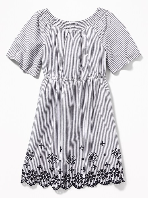 View large product image 2 of 3. Striped Waist-Defined Eyelet-Hem Dress for Girls
