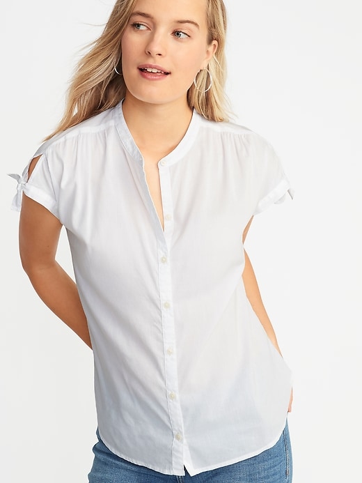 Image number 1 showing, Tie-Sleeve Button-Front Shirt for Women