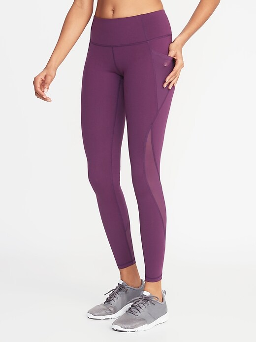 View large product image 1 of 2. Mid-Rise Elevate Side-Pocket Mesh-Trim Compression Leggings for Women