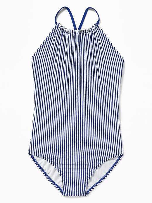 View large product image 1 of 1. Seersucker-Stripe High-Neck Swimsuit for Girls