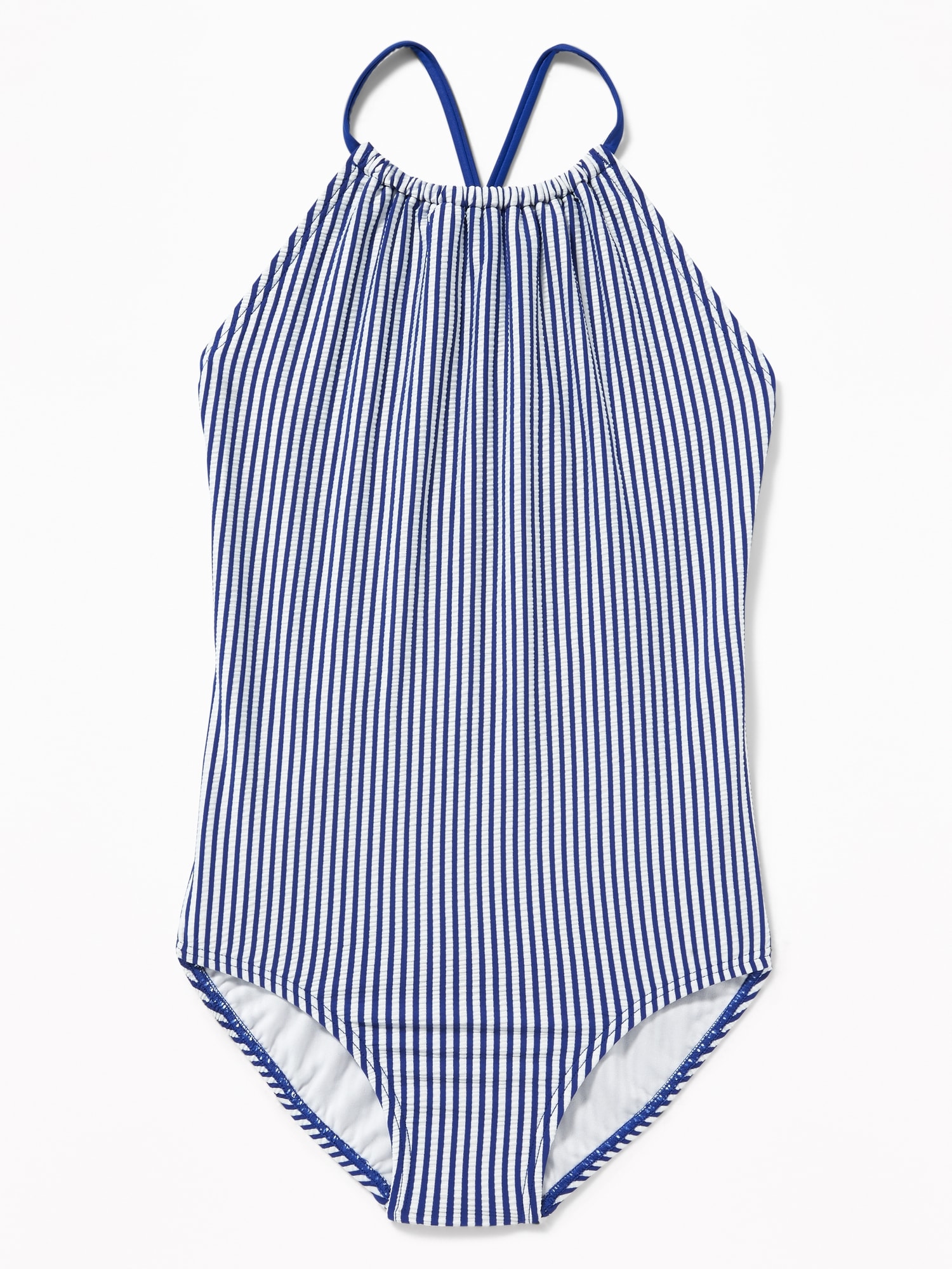 Seersucker-Stripe High-Neck Swimsuit for Girls | Old Navy