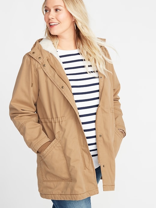View large product image 1 of 1. Twill Hooded Plus-Size Utility Parka