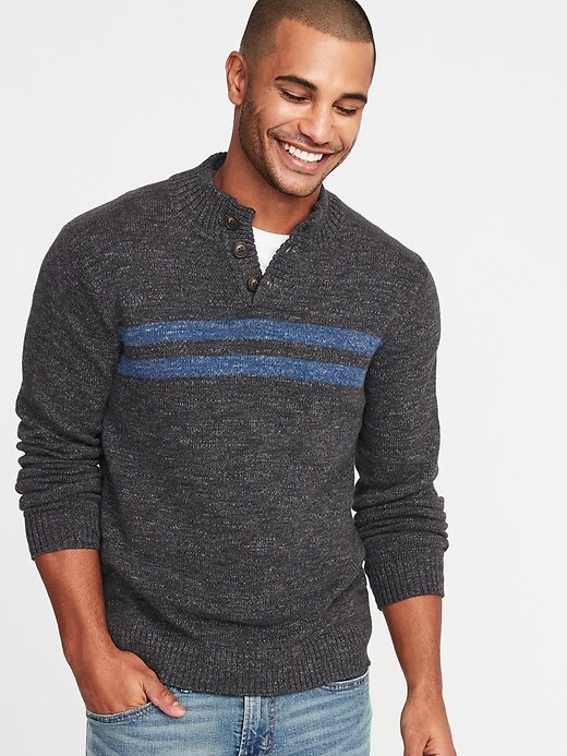 View large product image 1 of 1. Mock-Neck Chest-Stripe Henley Sweater