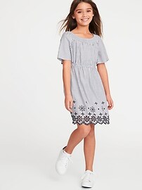 View large product image 3 of 3. Striped Waist-Defined Eyelet-Hem Dress for Girls