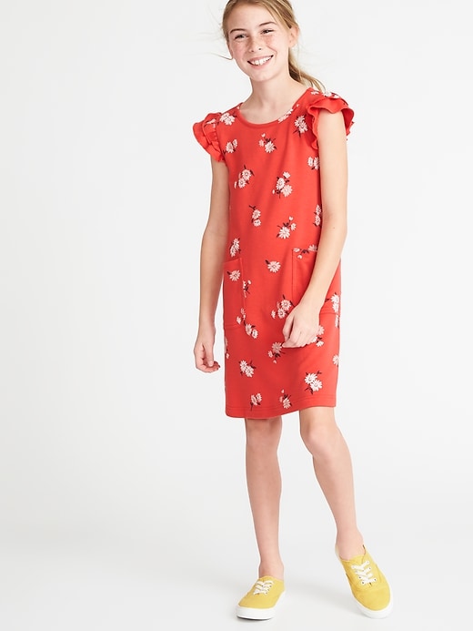 View large product image 1 of 3. Patterned French Terry Ruffle-Sleeve Dress for Girls