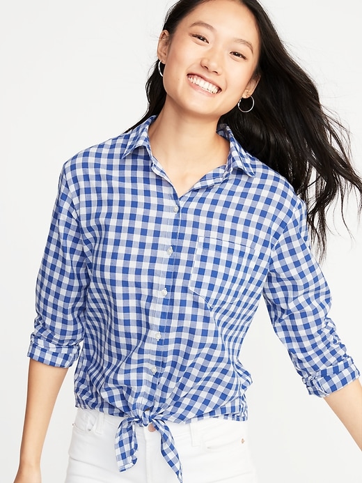 Image number 1 showing, Relaxed Gingham Tie-Hem Shirt for Women