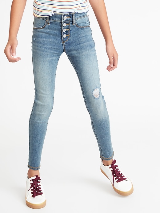 View large product image 1 of 3. High-Waisted Button-Fly Distressed Rockstar Built-In Tough Jeggings For Girls