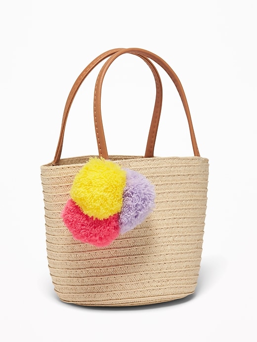 View large product image 1 of 1. Straw Pom-Pom Tote For Toddler Girls