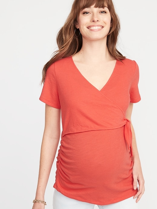 View large product image 1 of 1. Maternity Slub-Knit Tie-Front Wrap Top