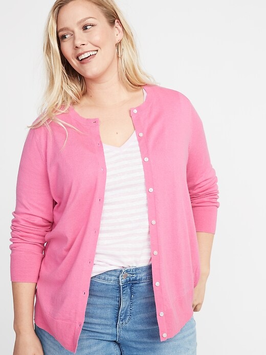 View large product image 1 of 1. Crew-Neck Button-Front Plus-Size Cardigan