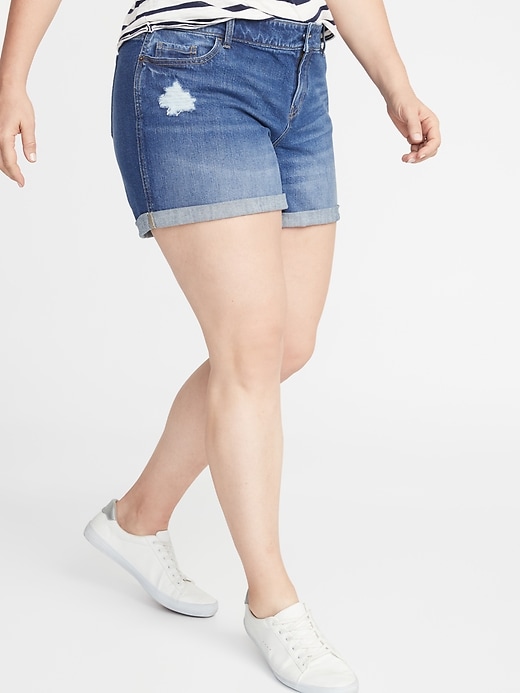 View large product image 1 of 3. Plus-Size Boyfriend Distressed Jean Shorts - 5-inch inseam