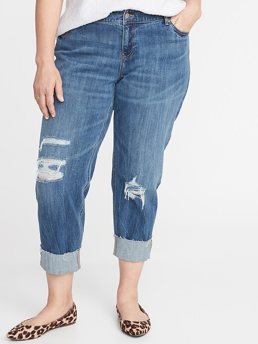 View large product image 1 of 3. Mid-Rise Plus-Size Boyfriend Straight Distressed Jeans