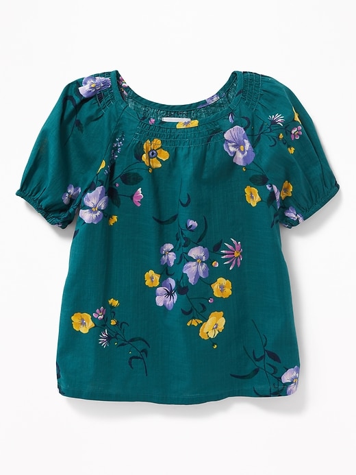 View large product image 1 of 3. Floral-Print Slub-Weave Puff-Sleeve Top for Girls