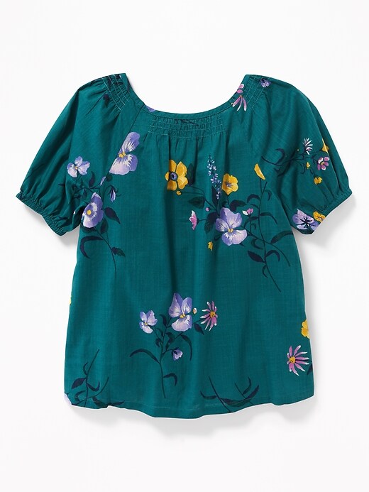View large product image 2 of 3. Floral-Print Slub-Weave Puff-Sleeve Top for Girls