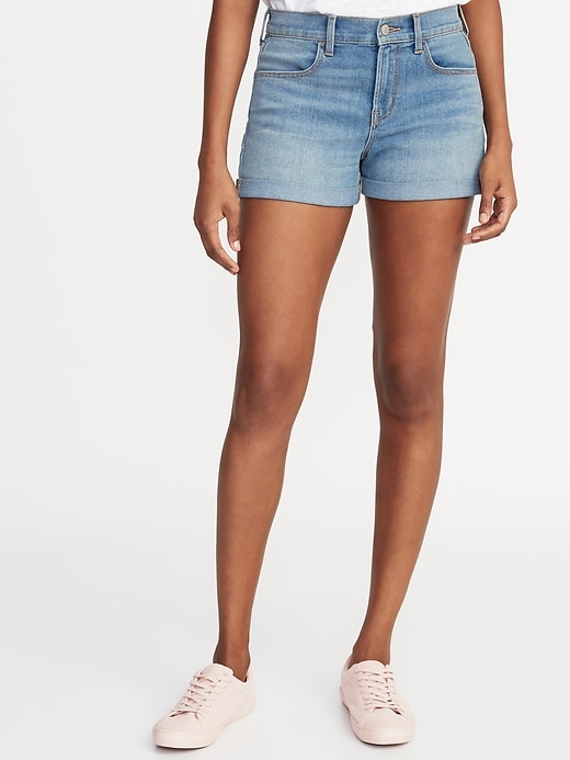 View large product image 1 of 2. Mid-Rise Cuffed Jean Shorts For Women - 3-Inch Inseam
