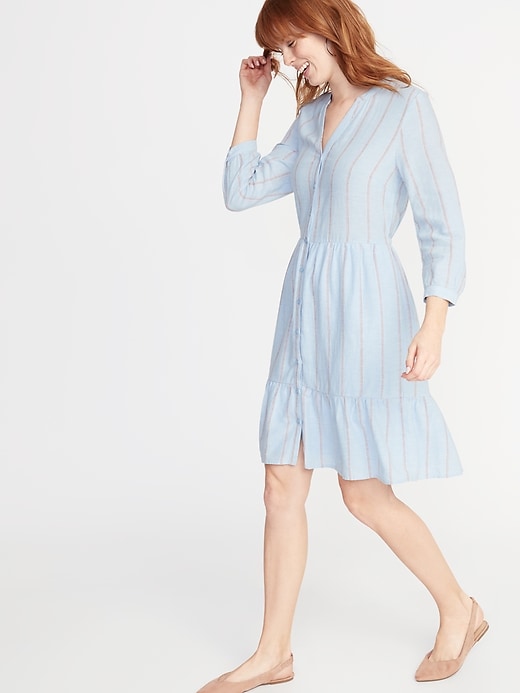Image number 1 showing, Waist-Defined Striped Shirt Dress for Women