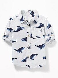 View large product image 4 of 4. Built-In Flex Whale-Print Roll-Sleeve Shirt for Toddler Boys