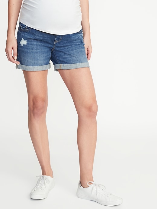 View large product image 1 of 3. Maternity Full-Panel Distressed Denim Boyfriend Shorts - 5-inch inseam