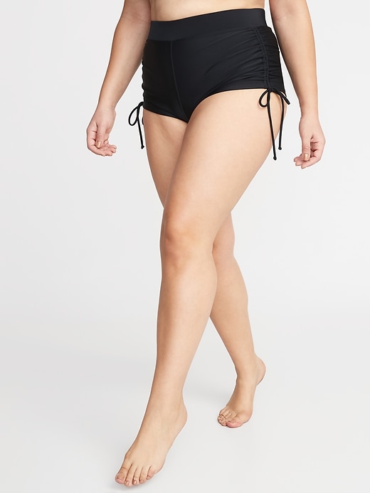 View large product image 1 of 2. High-Waisted Secret-Slim Plus-Size Shirred Swim Shorts