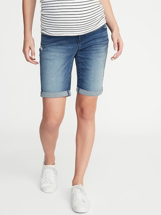 View large product image 1 of 3. Maternity Full-Panel Distressed Jean Bermuda Shorts - 9-inch inseam