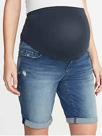 View large product image 3 of 3. Maternity Full-Panel Distressed Jean Bermuda Shorts - 9-inch inseam