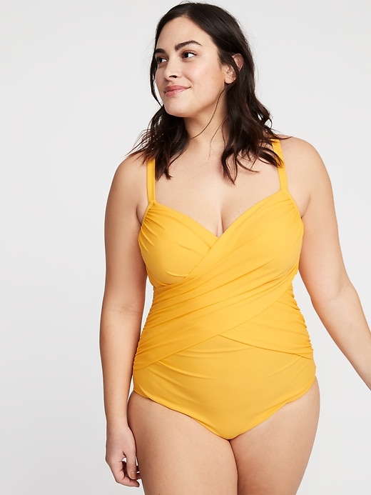 View large product image 1 of 1. Wrap-Front Secret-Smooth Underwire Plus-Size One-Piece Swimsuit