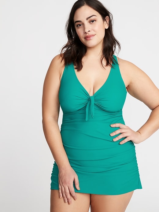 View large product image 1 of 1. Tie-Front Secret-Slim Plus-Size Swim Dress