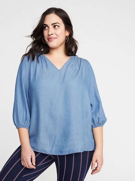 Image number 1 showing, Chambray Plus-Size Peasant Blouse