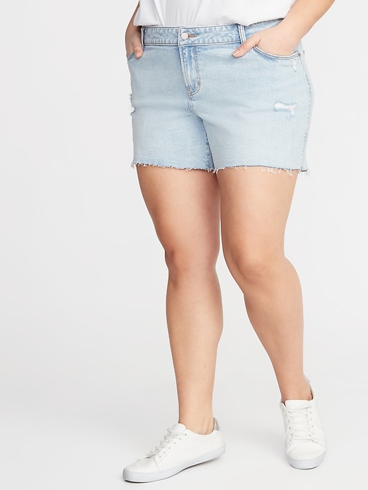 View large product image 1 of 3. Plus-Size Boyfriend Distressed Cut-Off Jean Shorts - 5-inch inseam