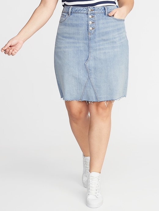 View large product image 1 of 3. High-Waisted Secret-Slim Pockets Plus-Size Jean Skirt