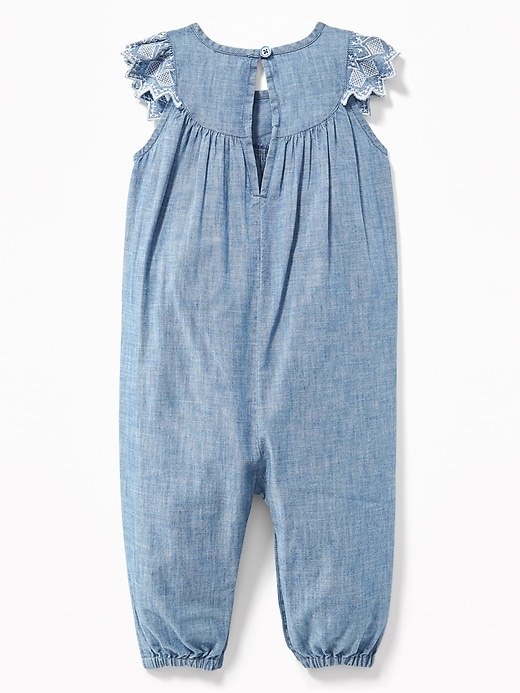 View large product image 2 of 2. Chambray Embroidered Flutter-Sleeve Jumpsuit for Baby