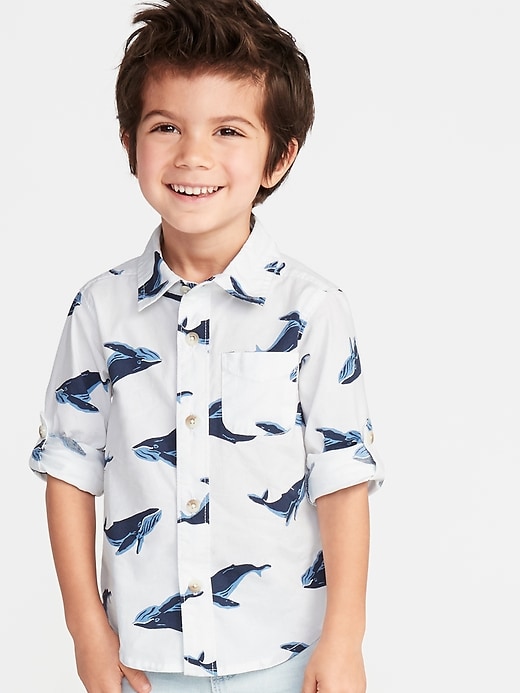 View large product image 1 of 4. Built-In Flex Whale-Print Roll-Sleeve Shirt for Toddler Boys
