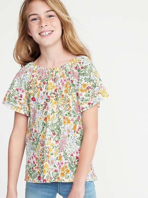 View large product image 1 of 3. Slub-Knit Floral-Print Flutter-Sleeve Tunic for Girls