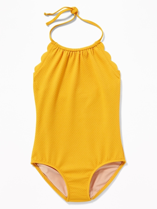 View large product image 1 of 2. Textured Scalloped-Edge Halter Swimsuit for Girls