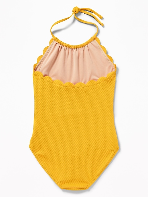 View large product image 2 of 2. Textured Scalloped-Edge Halter Swimsuit for Girls