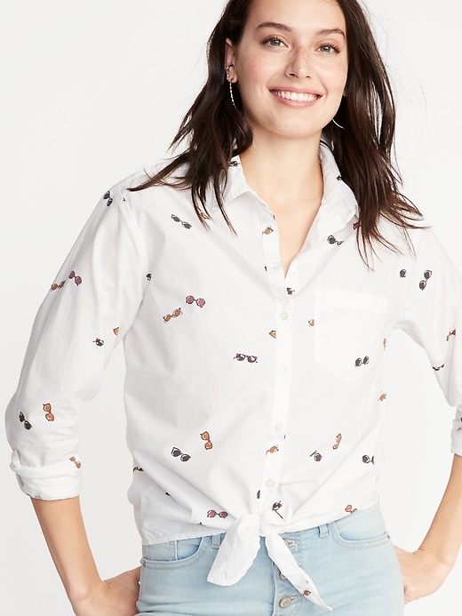 Image number 1 showing, Sunglass-Print Tie-Hem Shirt for Women